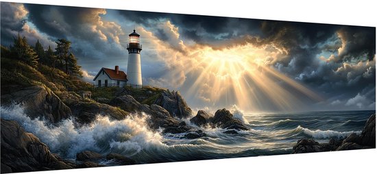 Diamant schilderij van een vuurtoren op rotsen met golven en een zonsondergang.
