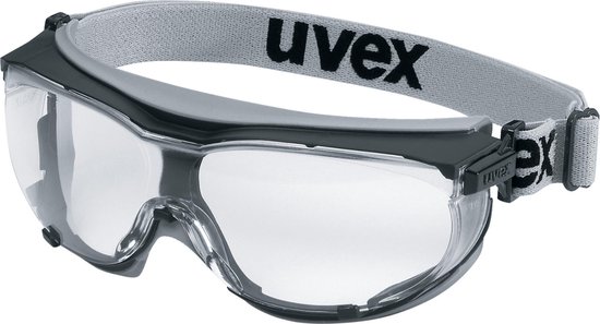 Uvex carbonvision veiligheidsbril met heldere lenzen en donkergrijze rand. Witte band met Uvex logo.