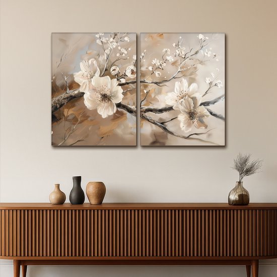 Tableau sur toile 120x80 cm - Décoration murale diptyque - Blossom - Beige - Abstrait - Fleurs - Décoration murale salon - Décoration chambre - Accessoires chambre - Peintures sur toile