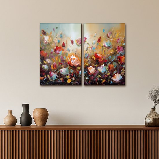 Canvas schilderij set 80x60 cm - Wanddecoratie tweeluik - Bloemen - Abstract - Verflook - Kleurrijk - Muurdecoratie woonkamer - Slaapkamer decoratie - Kamer accessoires - Schilderijen op canvas