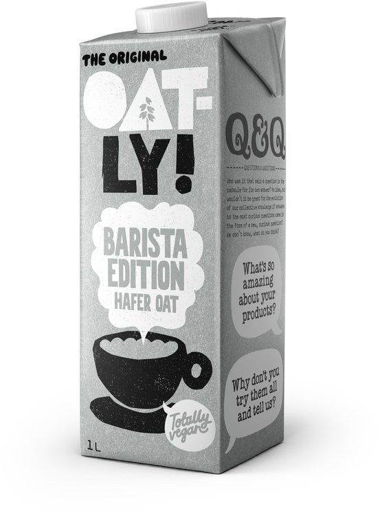 Oatly! Barista Editie Hafer Oat 1L pak melk met een afbeelding van een kopje koffie met schuim.