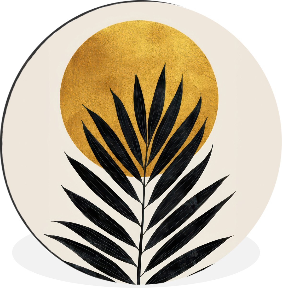 WallCircle Wandcirkel - Muurcirkel - Zwart palmblad - Gouden cirkel - Beige achtergrond - Aluminium - Dibond - 60x60 cm - Binnen en Buiten Palmblad - Cirkel