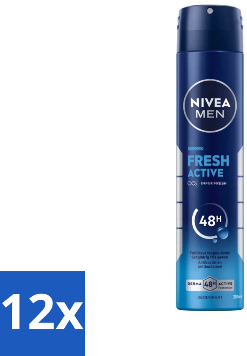 12 x Nivea - Deo Spray XL - Fresh Active - 48 Uur Lang Werkend - 200 ml - NIVEA MEN Deodorant Spray - Anti-Geur - 48 Uur Bescherming - Oceaanextracten - Antibacterieel