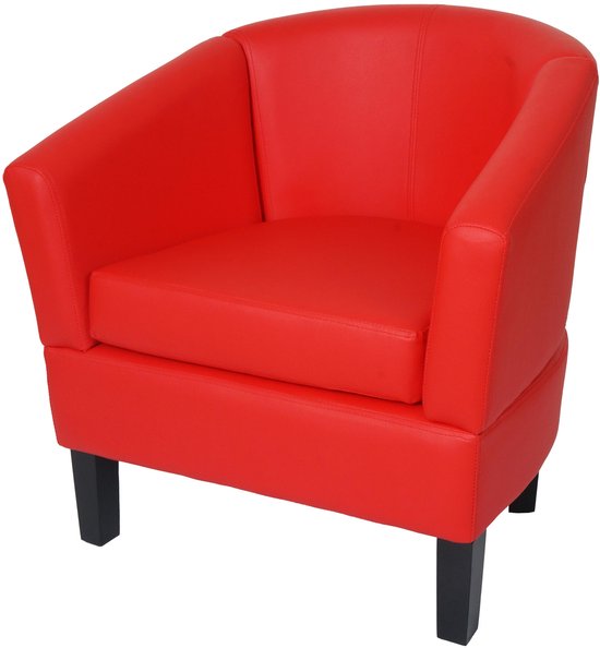 Rode clubfauteuil met ronde rugleuning en zwarte poten, schuin vooraanzicht.