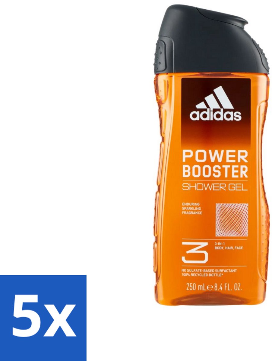 5 x Adidas - 3-in-1 Douchegel - Power Booster - Sprankelende Geur - Gerecyclede Verpakking - 250 ml - Voordeelverpakking - 5 stuks