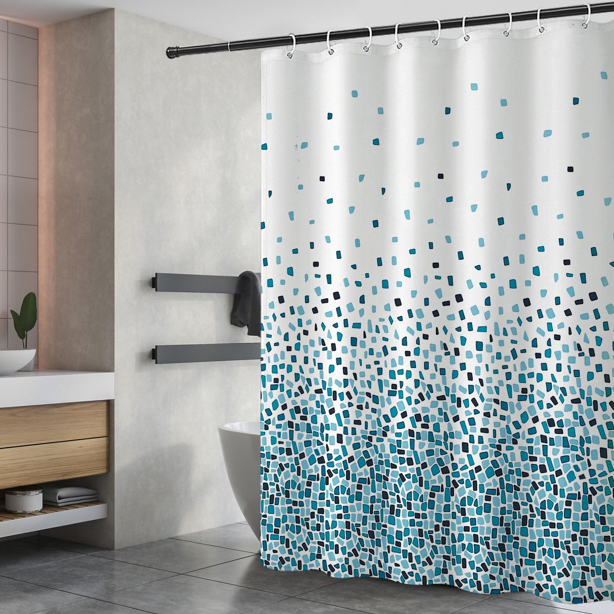 Unyqoos® Blauw waterafstotend douchegordijn van polyester met ringen voor badkamer