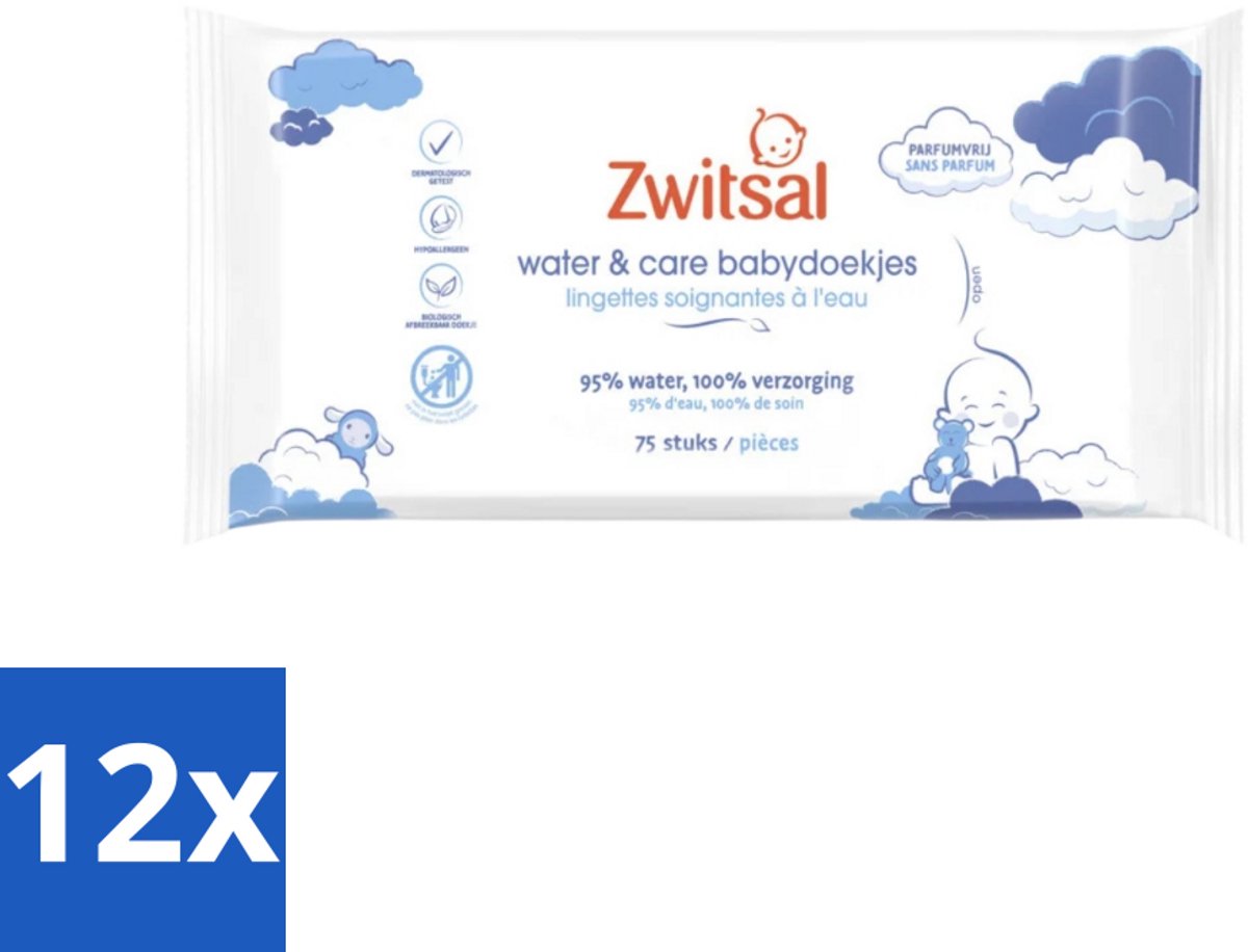 Image of 12 x Zwitsal 0% Parfum - Babyverzorging - Babydoekjes Water & Care - 75 Doekjes - Babydoekjes - Zwitsal - Waterdoekjes - Babyhuid - Luieruitslag