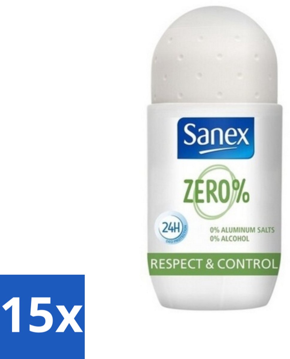 15 x Sanex Deodorant Roller Zero% Normal Skin 50 ml - 24 Uur Deodorant - Aluminiumzouten Vrij - Alcohol Vrij - Huidvriendelijk - Gevoelige Huid
