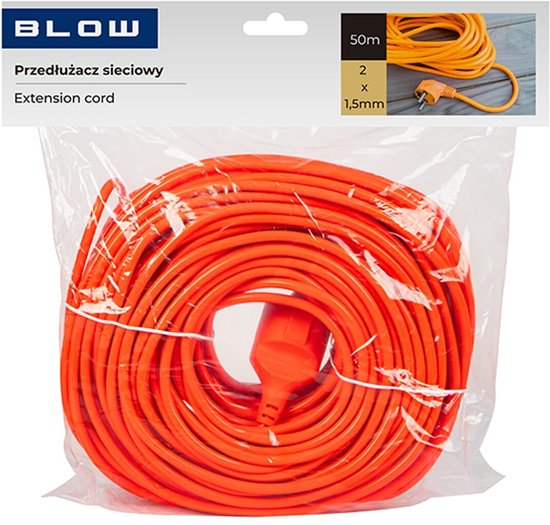 Oranje BLOW verlengsnoer van 50m, 2x1.5mm², verpakt in plastic.