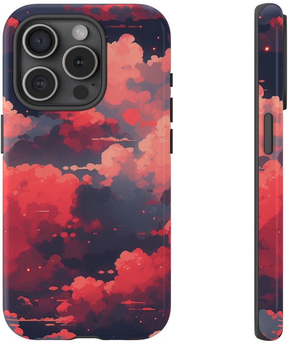 Abstracte Wolkenlucht in Rood en Roze – Telefoonhoesje Geschikt voor iPhone 15 Pro