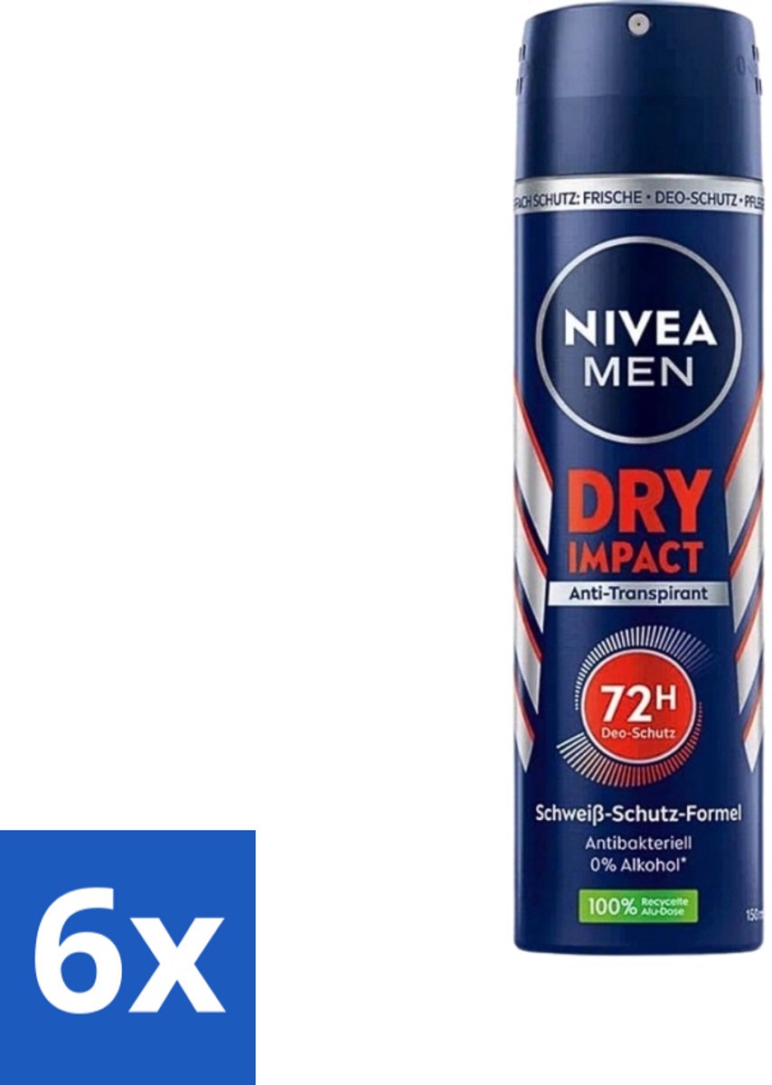 6 x Nivea - Men - Deo Spray - Dry Impact - 48 Uur Lang Werkend - 150 ml - Anti-transpirant - Deodorant Spray - 48 Uur Bescherming - Droogheid - Frisheid