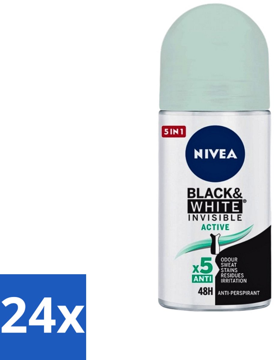 24 x Nivea - Deodorant - Roller - Black & White Invisible - Active - 50 ml - Anti-transpirant - Zweetvermindering - Deodorant Roller - Zweetbescherming - Kledingbescherming