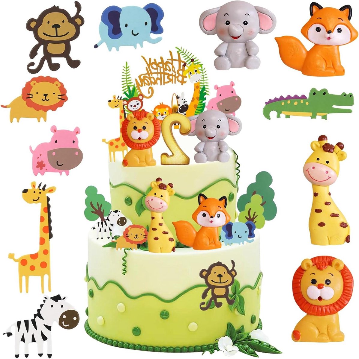 Provento - Taartdecoratie 2e Verjaardag Jungle Safari Bosdieren - Happy Birthday - Figuren Caketopper - 16 Stuks