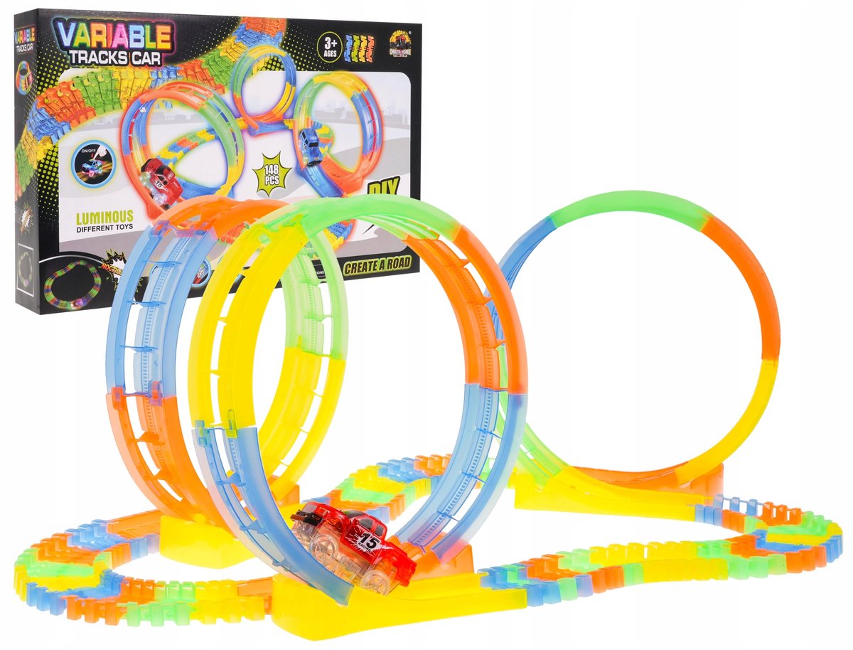 Glow-in-the-dark Racebaan met 3 Loops en Auto - 468cm