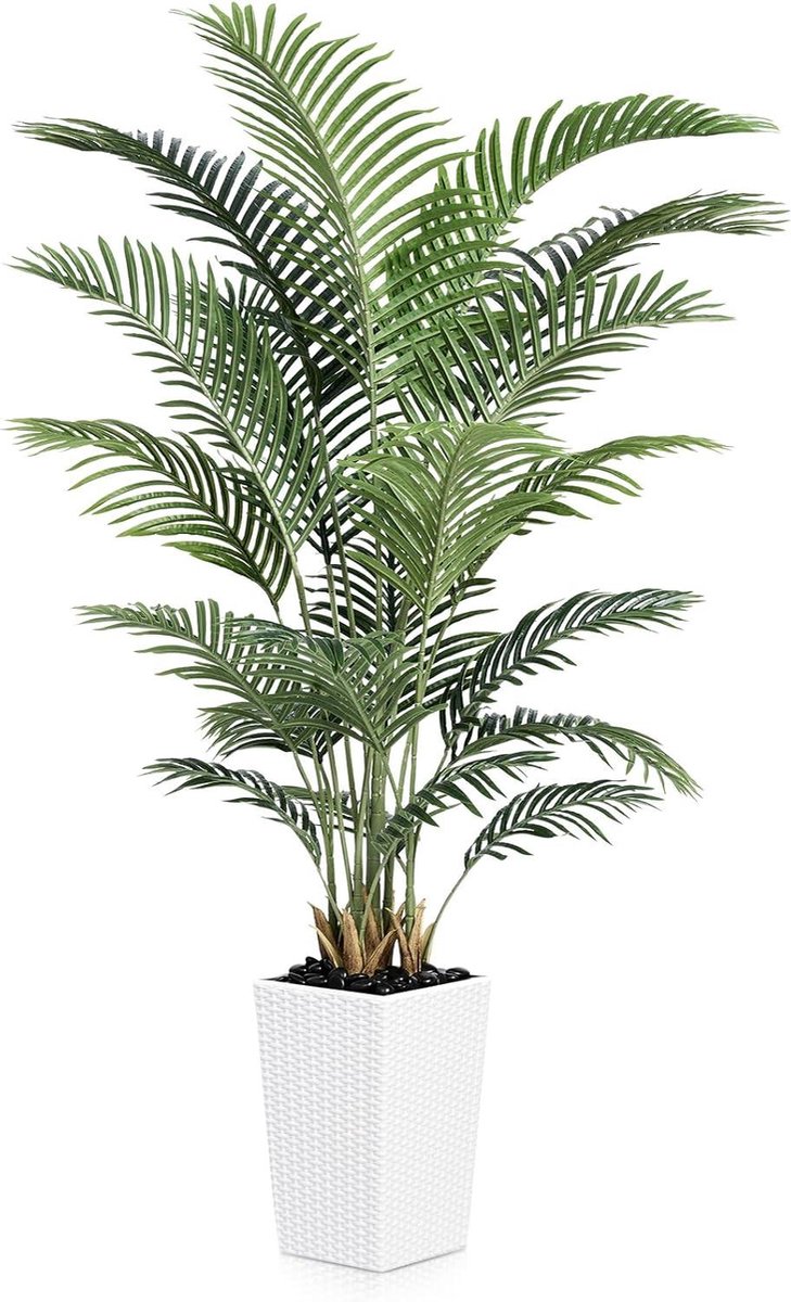 Provento Realistische kunstpalm 180 cm voor binnen en buiten - Groot formaat - UV-bestendig - Wit vierkante pot - Woonkamer, kantoor en tuin - Decoratieve kunstplant. Groen