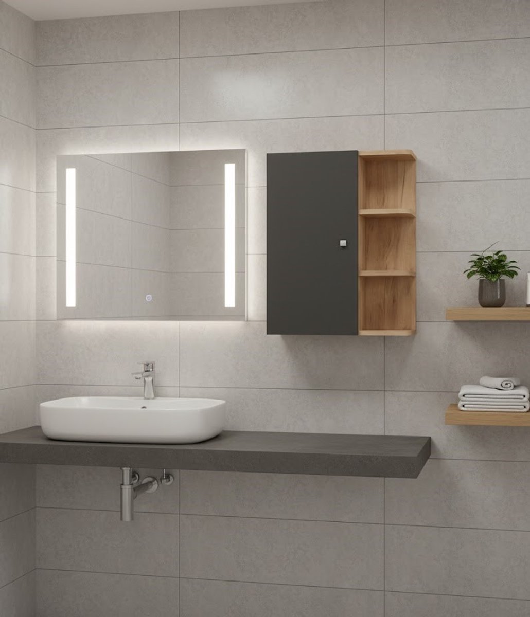 Luxe Wastafelkast “Fynn Deluxe” – Wandkast Badkamer – Antraciet met Eiken Goud – 47x59 cm 