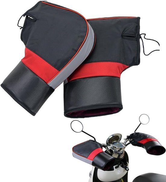 Zwarte en rode scooter handmoffen met reflecterende randen, met fleece voering.
