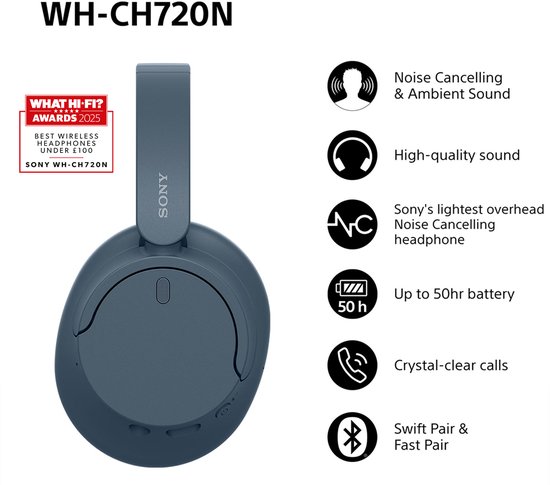 Sony WH-CH720N koptelefoon in het blauw met ruisonderdrukking en 50 uur batterijduur.