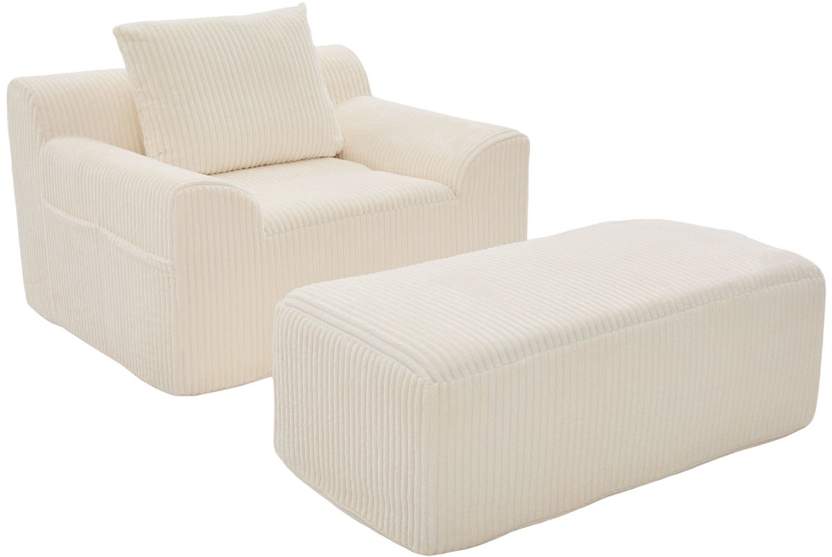Merax Oversized Corduroy Fauteuil Met Voetenbank - 1-Zits Leesstoel Met Zijvakken En Kussen - Diepe Zit - Geen Montage Nodig - Beige
