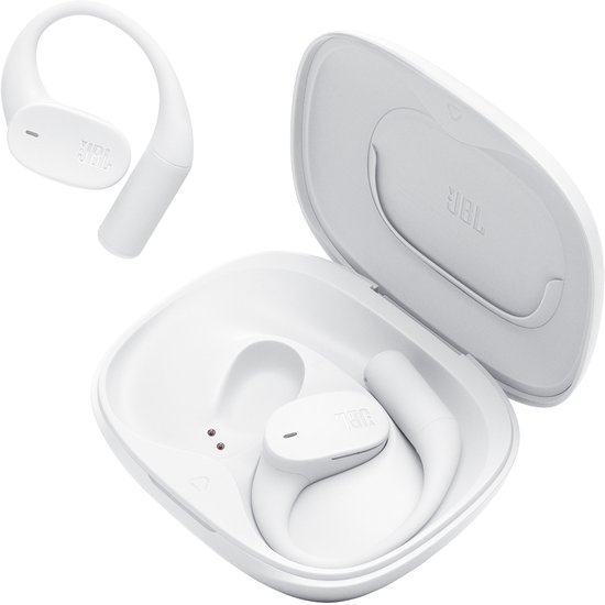 Witte JBL Sense Lite oordopjes in open oplaadcase, met oorhaken.