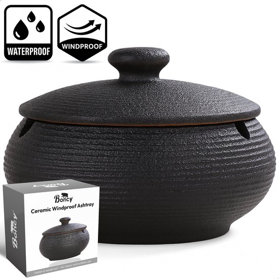 Boncy® Premium Asbak met Deksel - Keramiek Zen - Zwart Asbakken voor Buiten en Binnen - Asbak Auto - Terras Grote Stormasbak Weersbestendig