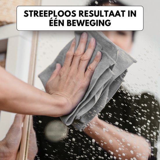Een hand met een grijze microvezeldoek die een spiegel schoonmaakt met de tekst 'STREEPLOOS RESULTAAT IN ÉÉN BEWEGING'.
