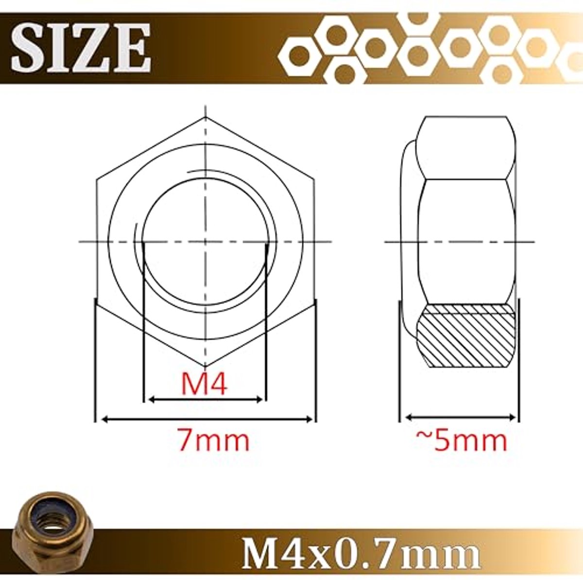 Set van 30 slotmoeren - M4x0,7mm hexagonaal - messing - goudkleurig