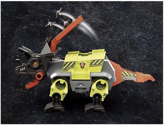 Grijze en gele Robo-Dino vechtmachine met drie kleine projectielen in de lucht.