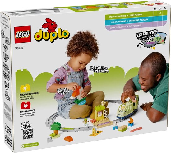Boîte LEGO Duplo Train d'Aventure Interactif avec un enfant et un père jouant.