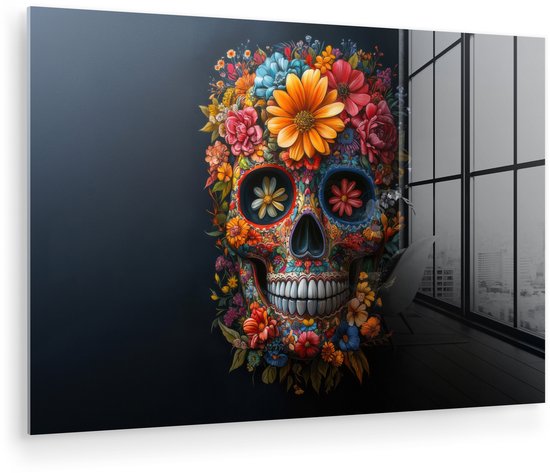 MuchoWow® Glasschilderij 90x60 cm - Schilderij acrylglas - Bloemen - Kleurrijk - Schedel - Foto op glas - Muurdecoratie woonkamer - Wanddecoratie slaapkamer - Schilderijen