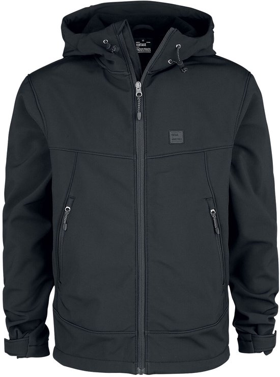 Zwarte softshell jas met capuchon, ritssluiting en zakken.