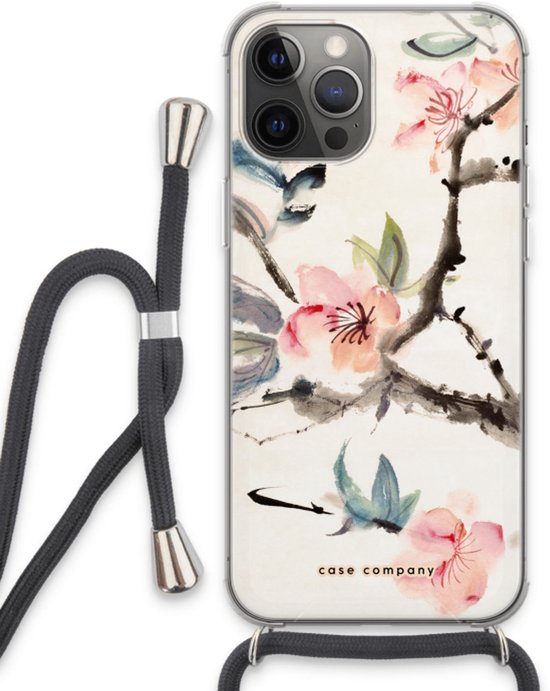 Case Company® - Coque iPhone 13 Pro Max avec cordon - Fleurs japonaises - Coque souple - Protection Extra sur tous les côtés - Côtés transparents - Protection sur le bord de l'écran - Coque arrière - Etui à bandoulière avec cordon Zwart