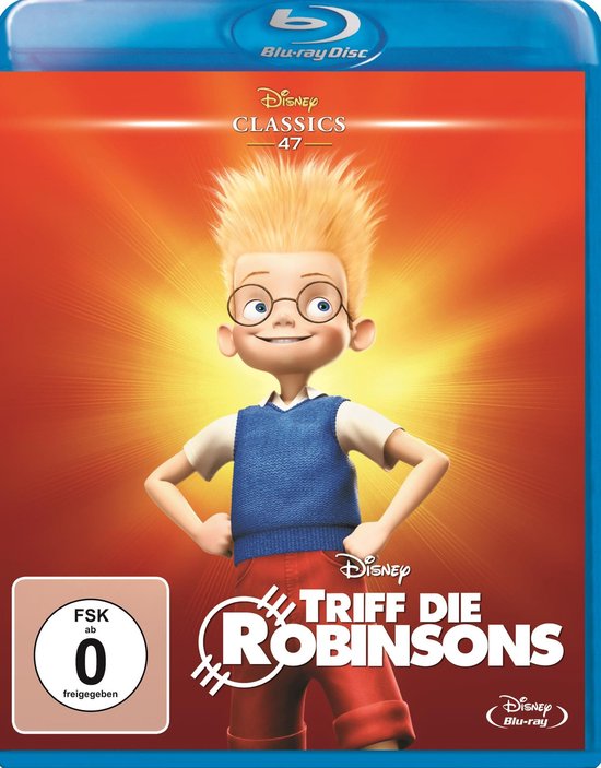 Disney Classics 47, Triff Die Robinsons Blu-ray hoes met Lewis in blauwe vest en rode korte broek.