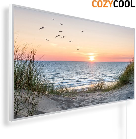 Infraroodpaneel met afbeelding | Duinen strand en zonsondergang | 1200 Watt | Witte lijst | Infrarood verwarmingspaneel | Infrarood paneel | Infrarood verwarming