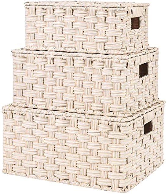 HomeZone Set van 3/4 rieten manden, opbergdozen met deksel en slot, huisdecoratie, badkameropslag, slaapkamer, keuken, handgeweven mand (4 x witte rotan manden