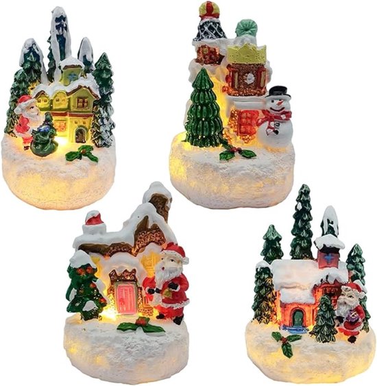 Kerstdorp Basis - Kerstdorp met Lichtjes - Kerstversiering Amerikaans - Verlichte Kersthuisjes - Kerstdorp - Klein Kerstdorp - Kerstversieringen - Kersthuisje - LED-Huisjes - Miniatuur - Dorpset - 7,5 x 5 CM - Set van 4