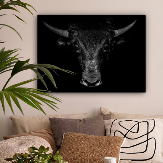 Toile - Animaux - Taureau - Zwart - Wit - Photo sur toile - 80x60 cm - Salon - Peintures sur toile