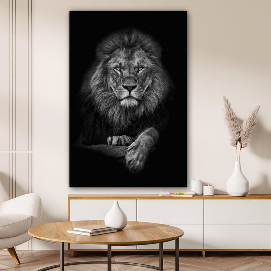 Tableau sur toile - Animaux sauvages - Lion - Zwart - Wit - Toile sur toile - Tableau sur toile - 80x120 cm - Salon - Décoration murale