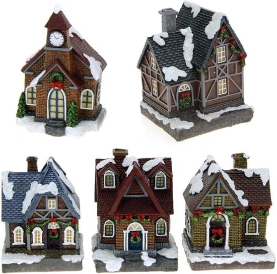 Kerstdorp Basis - Verlicht Kerstdorp - 5 Kersthuisjes - Kerstversiering - Werkt op Batterijen - Raamdecoratie