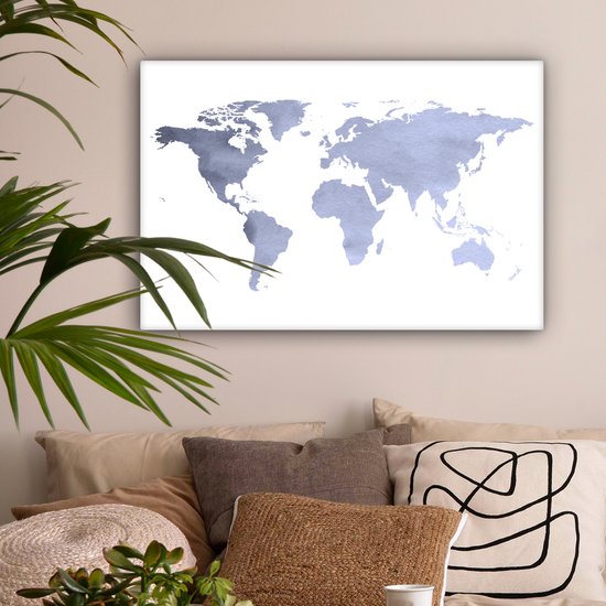 Wereldkaart avec des couleurs bleu violet et un motif texturé sur fond blanc 60x40 cm