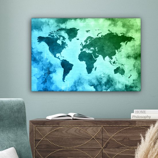 Wereldkaart avec peinture bleue qui passe au vert sur fond avec motif texturé 60x40 cm
