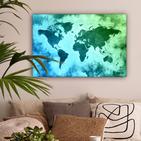 Wereldkaart avec peinture bleue qui passe au vert sur fond avec motif texturé 60x40 cm