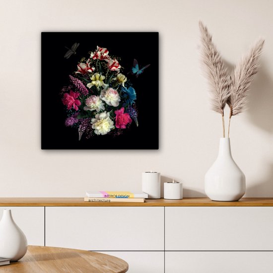 Tableau sur toile Fleurs - Papillon - Nature morte - 50x50 cm - Décoration murale