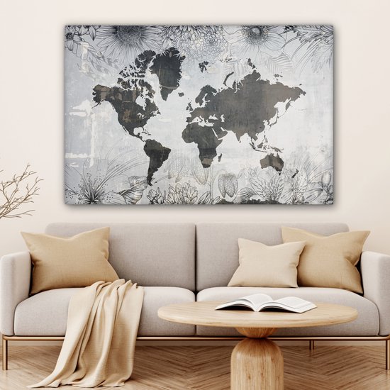 Wereldkaart avec motif béton gris foncé décorée d'illustrations de fleurs 140x90 cm
