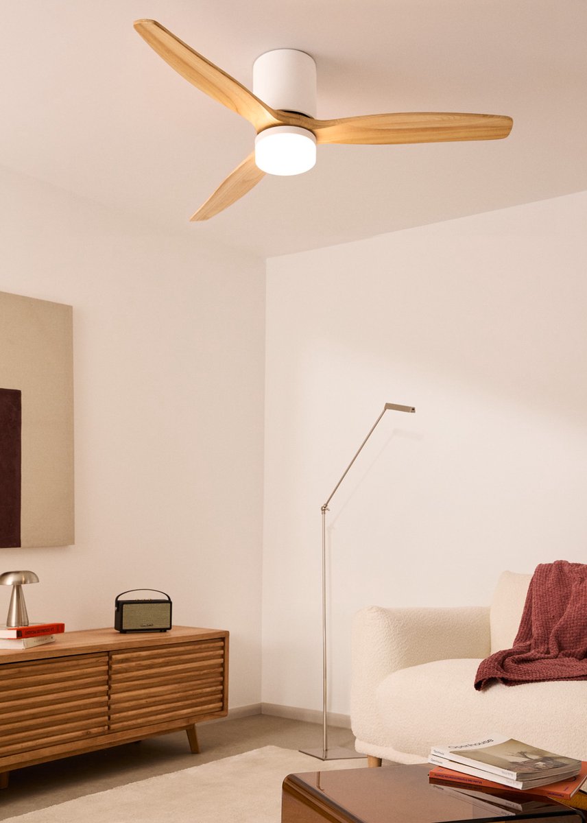 CREATE - Stille plafondventilator 40W Ø132cm 100% hout met aanpasbare gipsen behuizing - Met licht - Afstandsbediening - WIND CALM CONCRETE