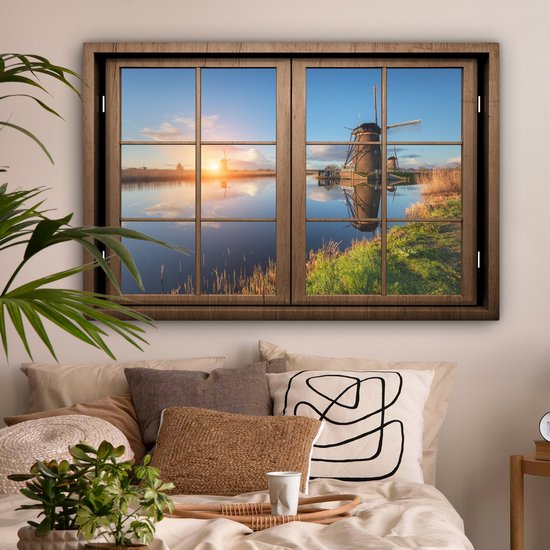 Canvas schilderij 120x80 cm - Wanddecoratie Doorkijk - Molen - Zonsondergang - Muurdecoratie woonkamer - Slaapkamer decoratie - Kamer accessoires - Schilderijen op canvas