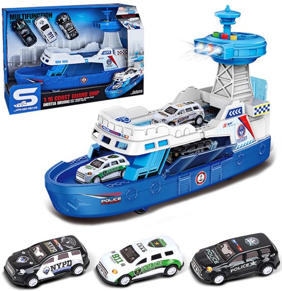 Playos® - Politieboot 2.0 - Inclusief 3 Auto's - met Licht en Geluid - 1:16 - Rollenspel Speelgoed - Speelgoed Boot - Speelgoedvoertuig