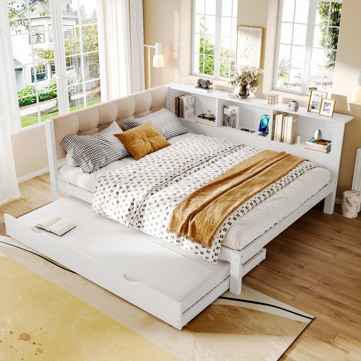 Merax Slaapbank 140x200cm - Tweepersoonsbed - met uitschuifbaar bed - met LED-verlichting - met planchet - met USB-poort - wit - zonder matras