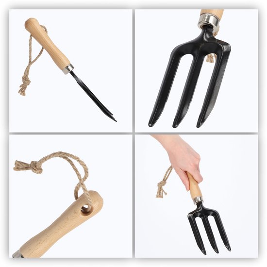 KADAX Kleine bloemenvork van metaal, grafvork met comfortabel houten handvat, tuinvork, grafvork, tuinvork met afgeronde randen, tuingereedschap (3 tanden, zwart) van KADAX — afbeelding 2