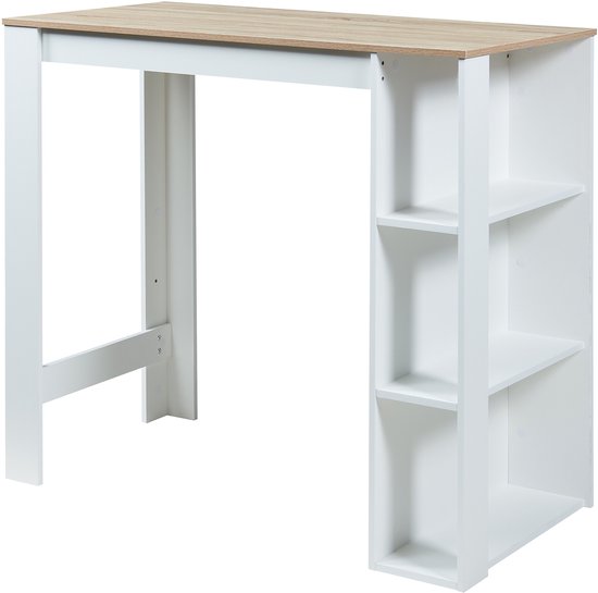 Witte barmeubel met eikenkleurig tafelblad, staand op een witte poot en met drie open witte opbergplanken aan de zijkant.